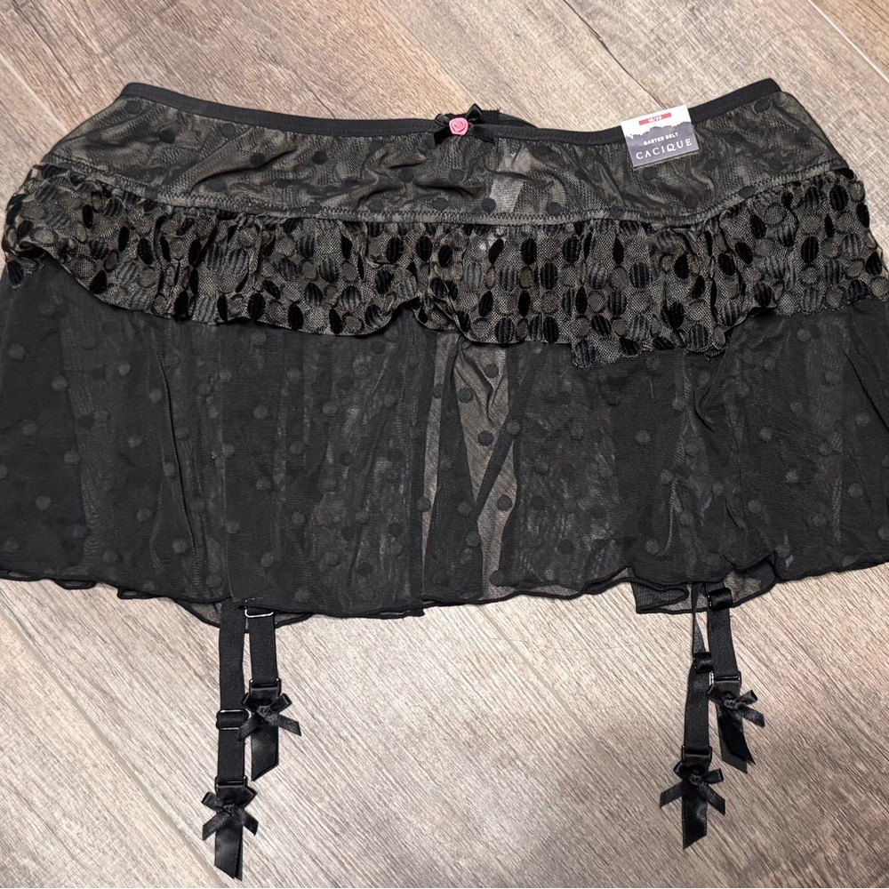Cacique Sheer Black Mini garter skirt  with Polka Dots